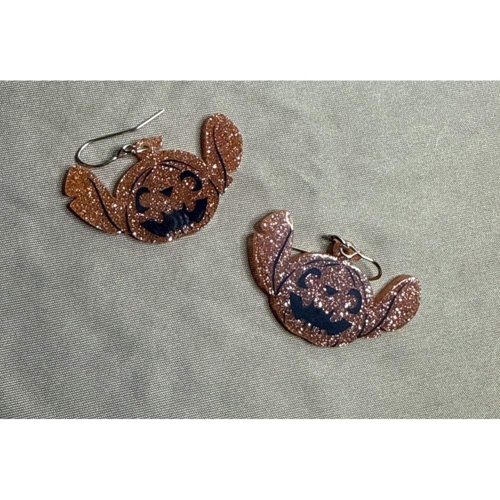 Disney Stitch Jack O Lantern Pumpkin Earrings Glitter Halloween Dangle